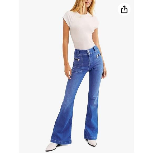 We The Free People Jeans Womens 26 Layla Flare Blue High Rise Retro Boho Casual - Picture 1 of 15